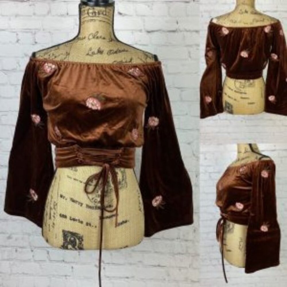 Honey Belle Brown Velvet Appliqué Flower Bell Sleeve Top